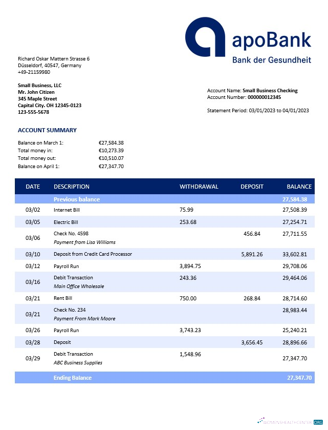 Download Apobank enterprise account statement Word and PDF template Photoshop template